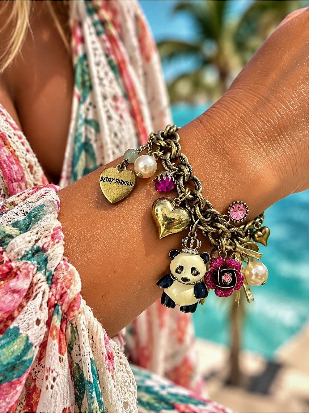 Betsey Johnson Panda Bear Crown Charm Bracelet Charm Bracelet Gold & Pink
